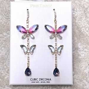 Brand New Pink Linen Pink & Purple Butterfly Drop Earrings Cubic Zirconia Formal